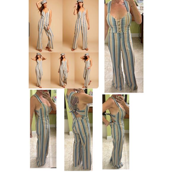 Knot Sisters Lana Jumpsuit linen blend small natural blue stripe zipper side - Picture 8 of 10